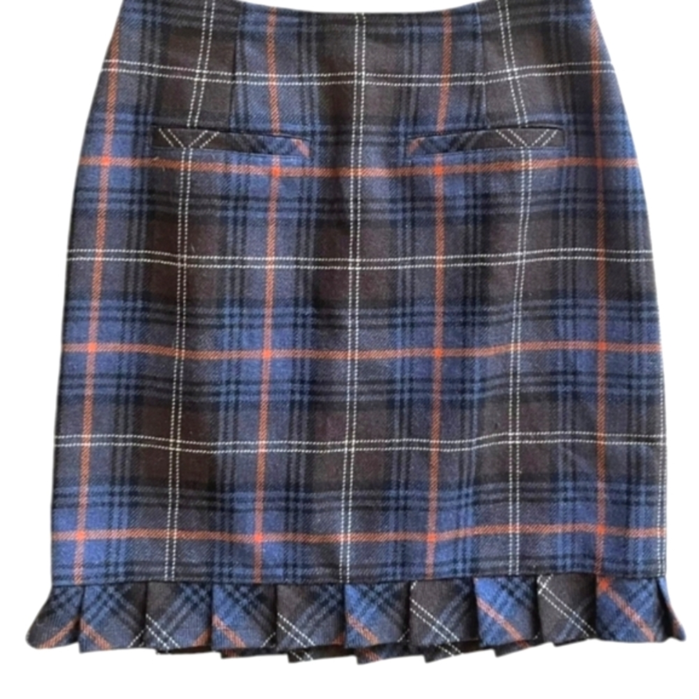 CAbi Plaid Fitted Mini Skirt Faux Front Pockets Pleated Kick Hem Back Zip Size 6